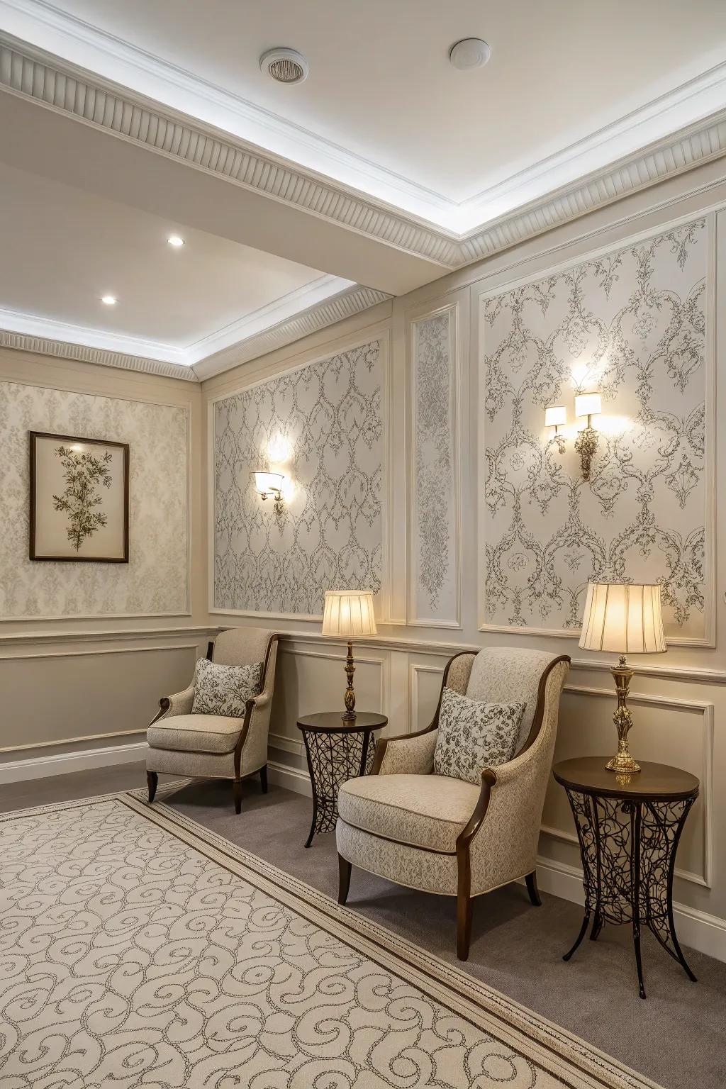 A sophisticated chamber with a timeless monochrome wallpaper border.