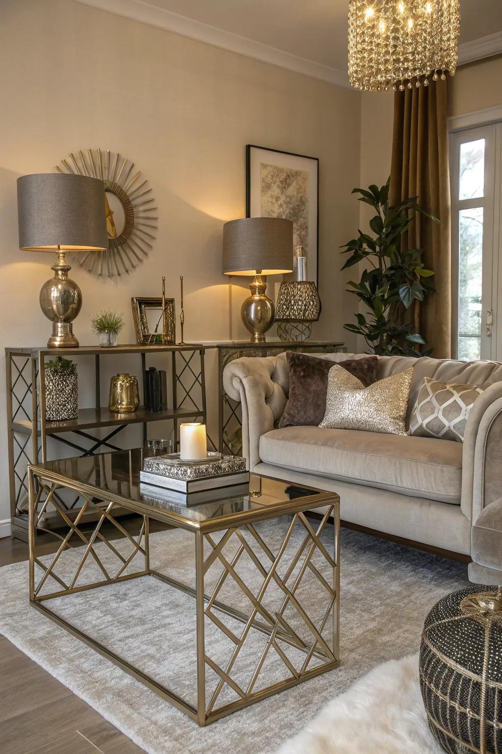 Metallic touches and luxurious fabrics introduce a hint of elegance to a neutral living room.