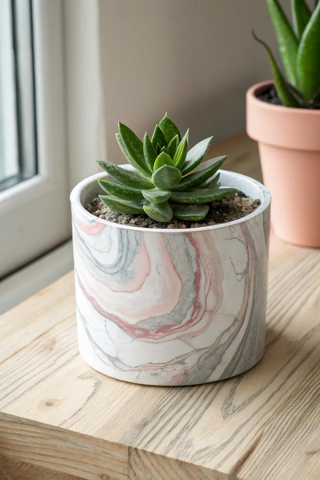 Elevate your indoor garden with the timeless elegance of faux marbled planters. Perfect for showcasing your favorite succulents.