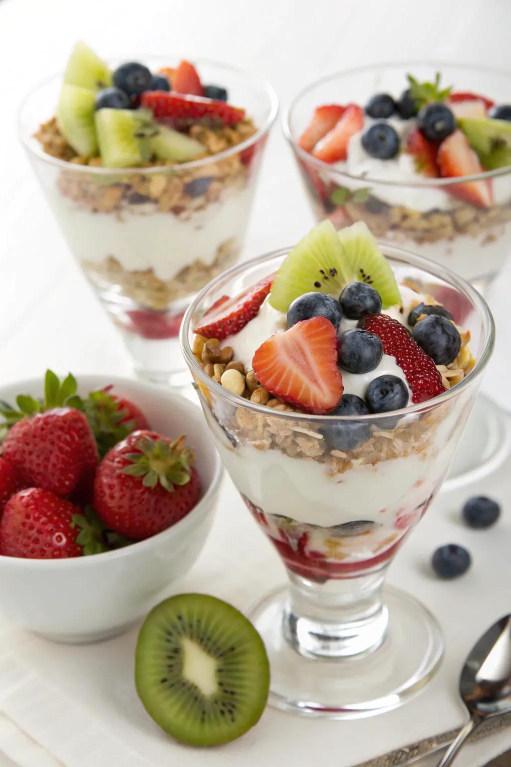 Wholesome and visually-stimulating parfait composed of yogurt, fresh fruit segments, and granular ingredients.