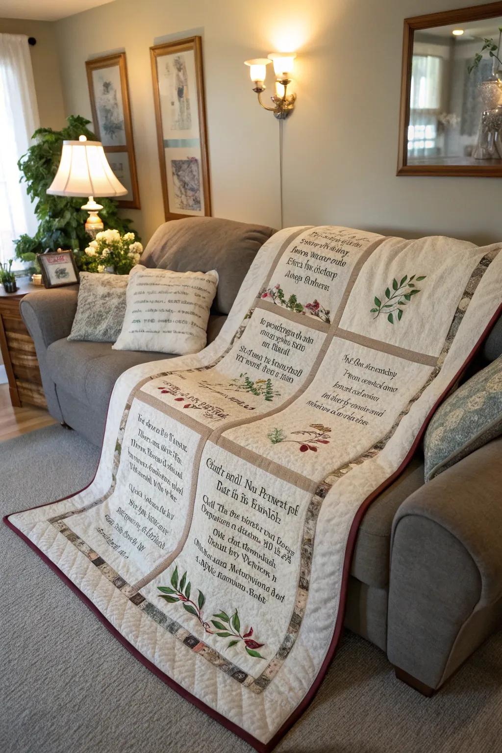 Snug quilted cover showcasing embroidered vows, ideally suited for snuggling.