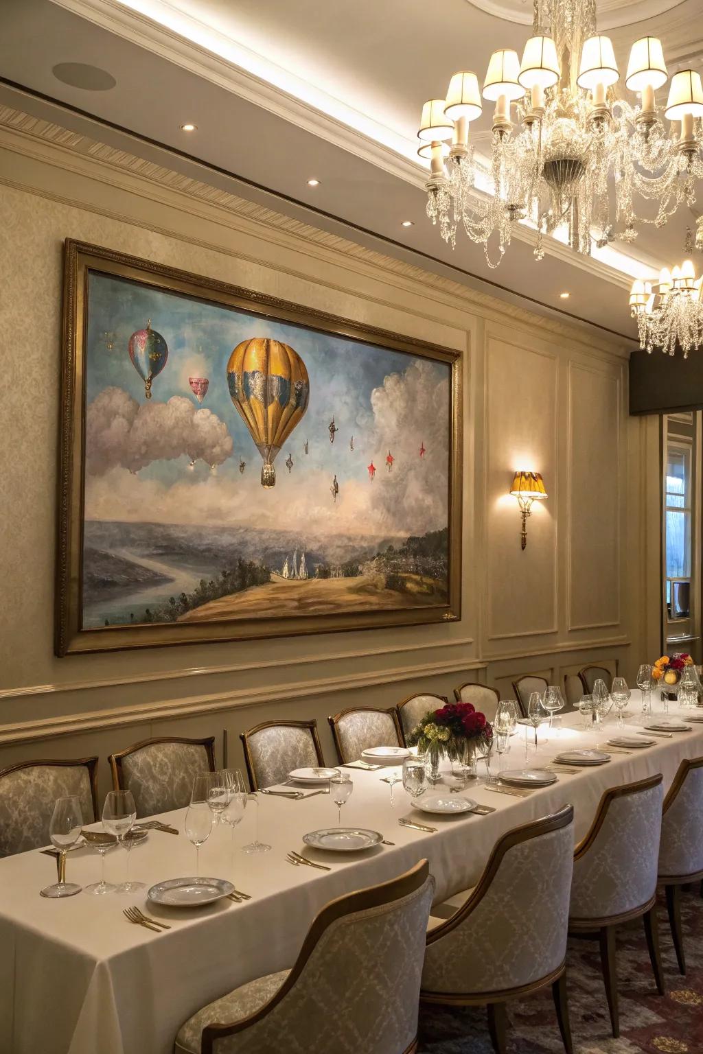 An artistic composition of levitating objects imparting an ethereal ambiance to a victualing space.