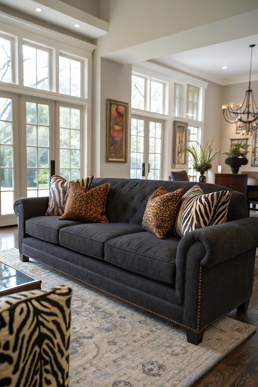 Fauna print pillows introduce a daring edge to the dark grey couch.