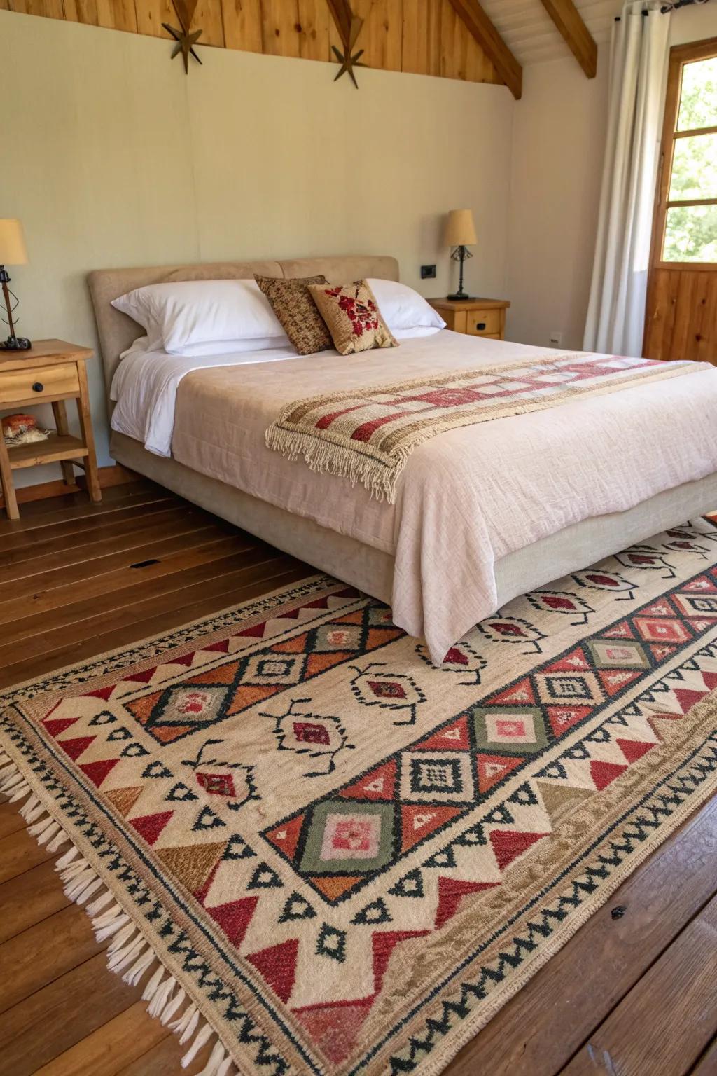 Cultural motifs on the floor covering enrich the bedroom with enthralling narratives and profundity.