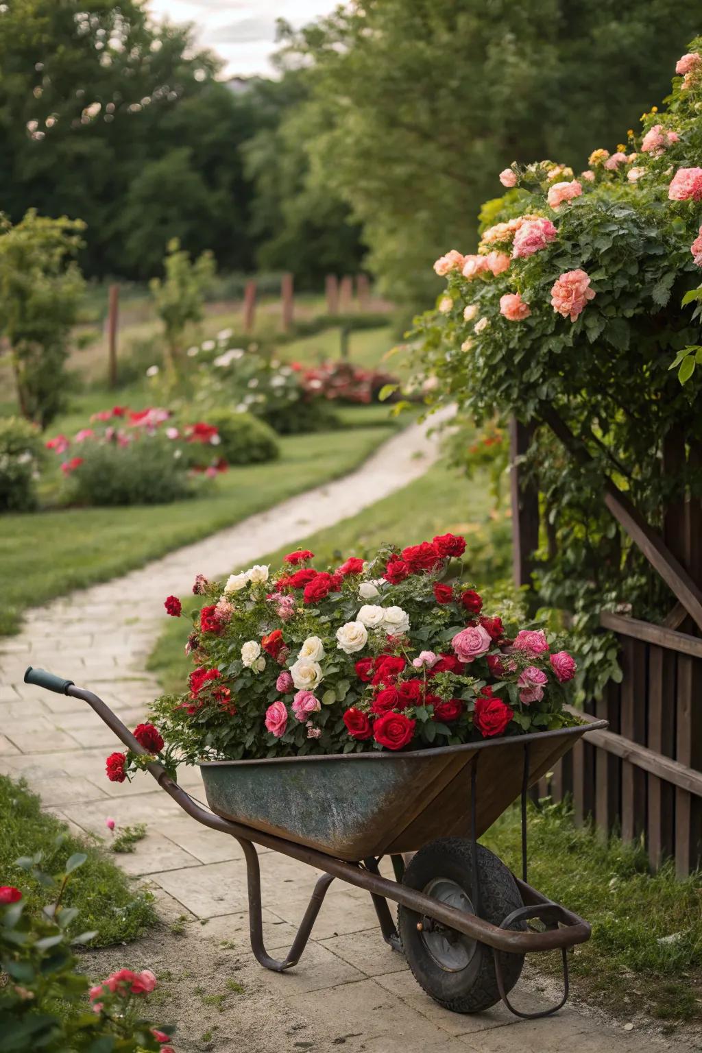 Add a touch of romance to your garden with a wheelbarrow brimming with roses.