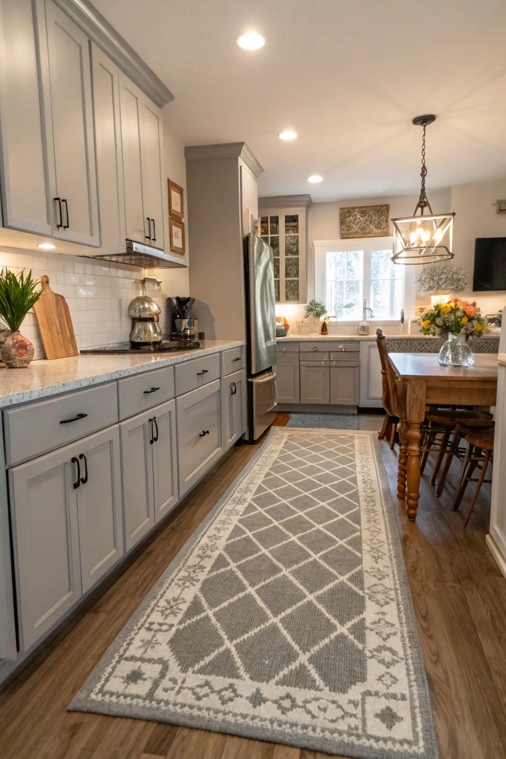 A statement rug adds a cozy touch to the kitchen.