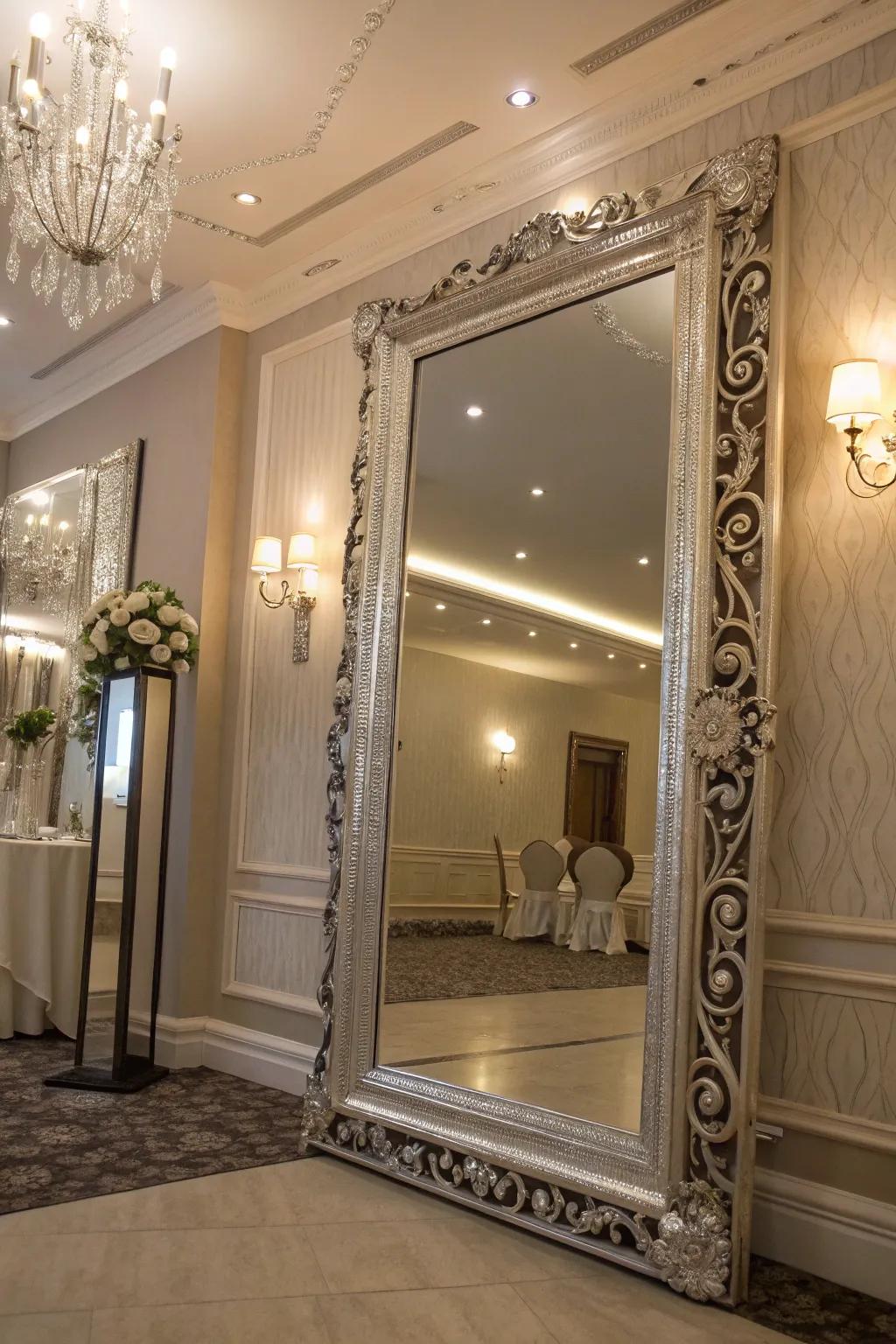 Enlarge the spatial perception of your setting through the deployment of a striking silver-embellished mirror.