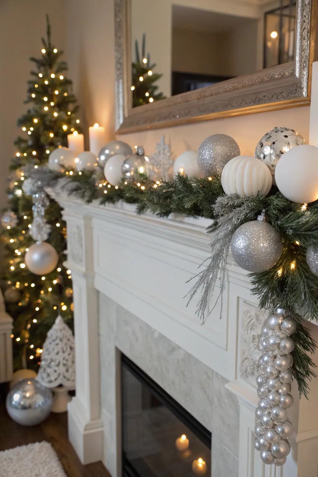 A pristine and silver mantel proffers a chic and glistening focal point.