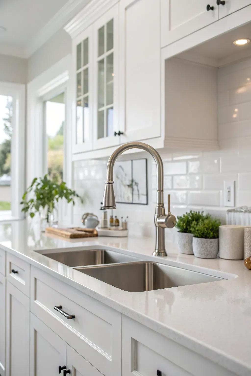 A unique faucet design adds sophistication to the sink space in the white kitchen.