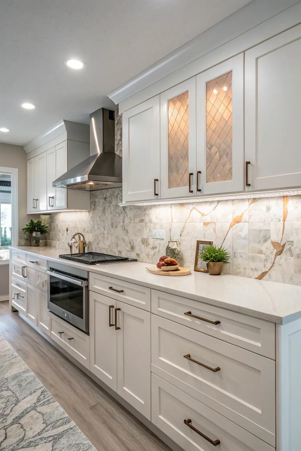 Quartz backsplash featuring mild shade variations for incorporated dimension.