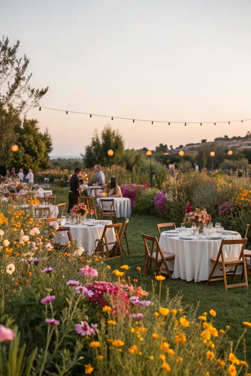 A vibrant garden social gathering encircled by the beauty of wildflowers.