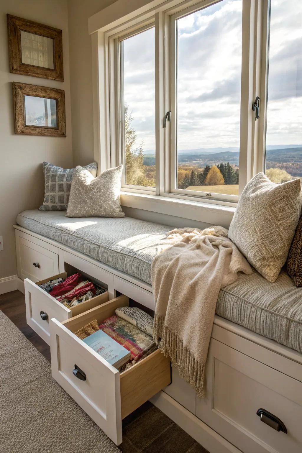A window seat that has great storage that's great for tiny spaces.