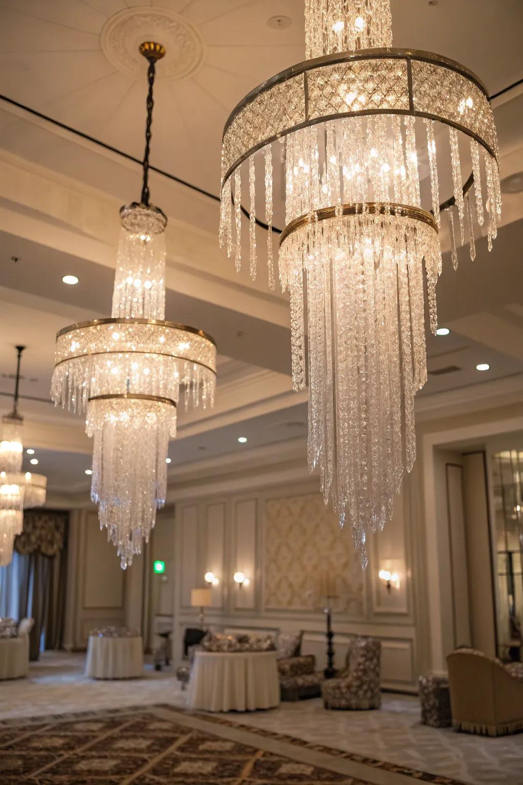 Ice crystal chandeliers add dramatic, elegant lighting.