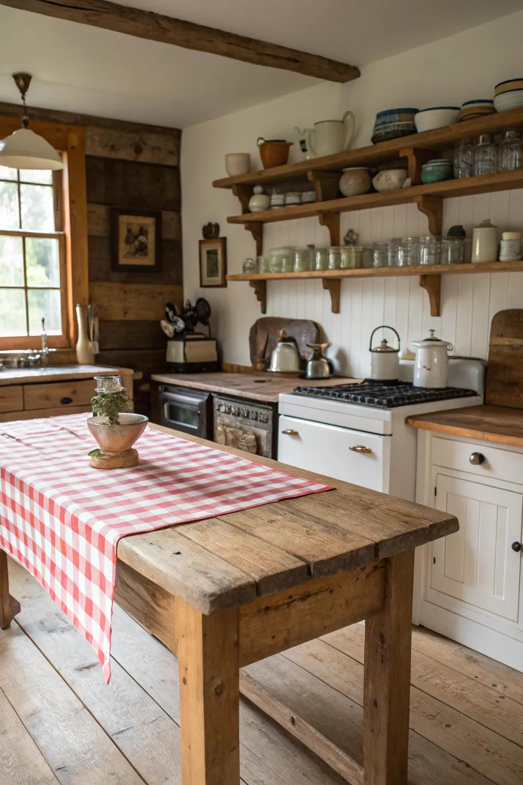 Wide plank timber countertops for a classic farmhouse feel.