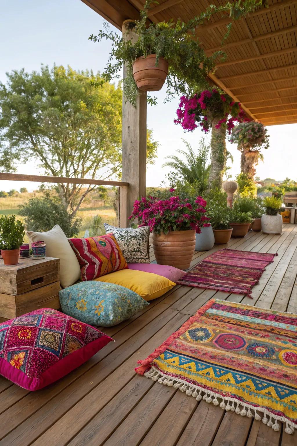 The introduction of audacious pigments into your deck's design cultivates an energetic and jubilant expanse.