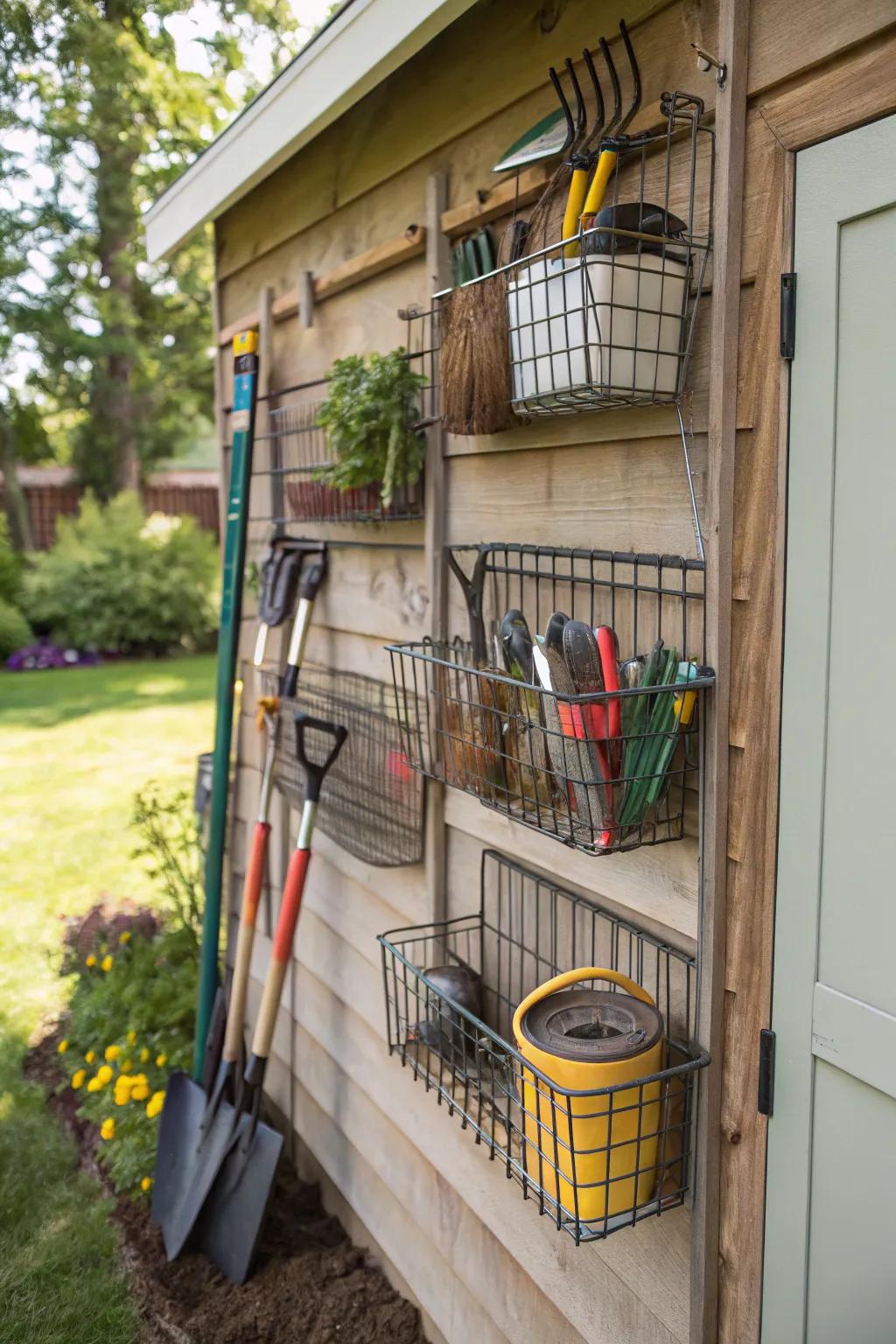Accessible and efficient storage with hanging wire baskets.
