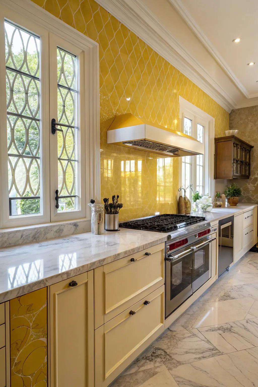 Stone countertops add grace to the goldish backsplash.