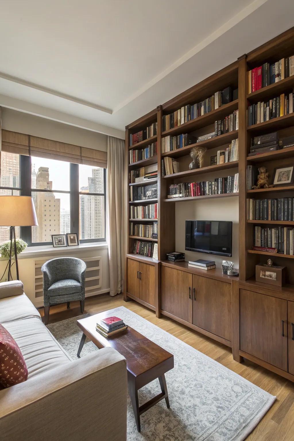 Towering furnishings enhance vertical dimension and equilibrium.
