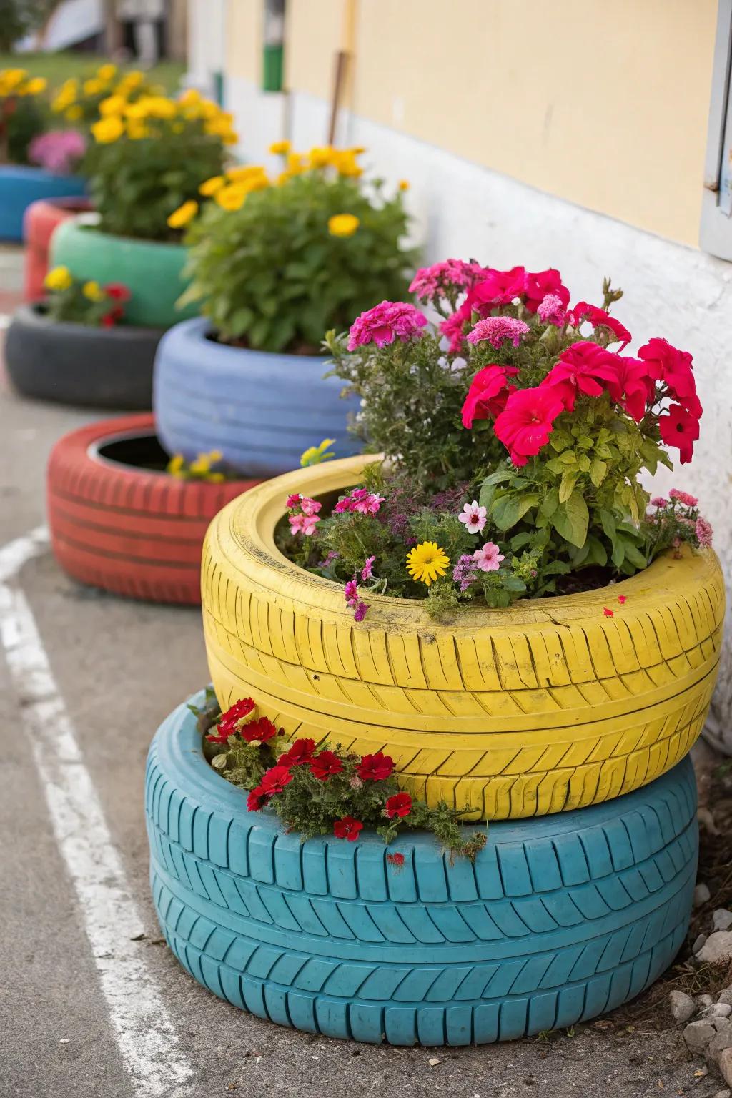 Ancient tires reborn as vibrant garden planters.