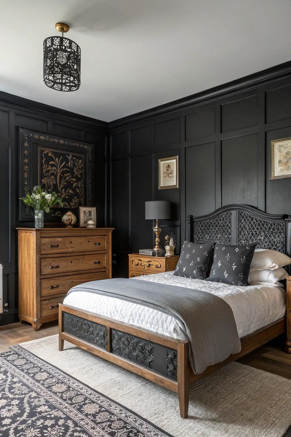 A black bedroom mixing modern and traditional design elements for a personalized look.