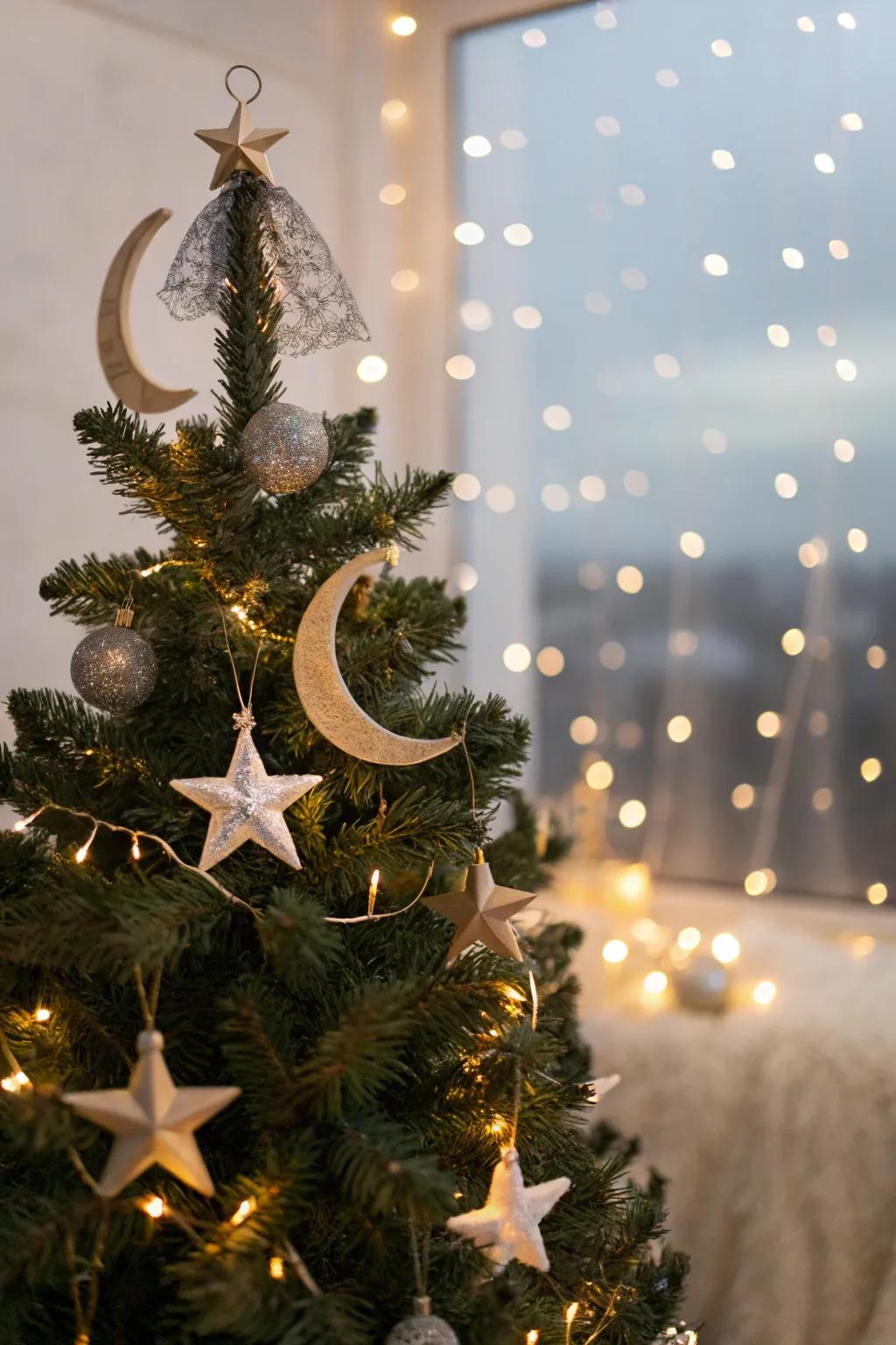 A celestial-themed Christmas tree embellished with star and moon ornaments.