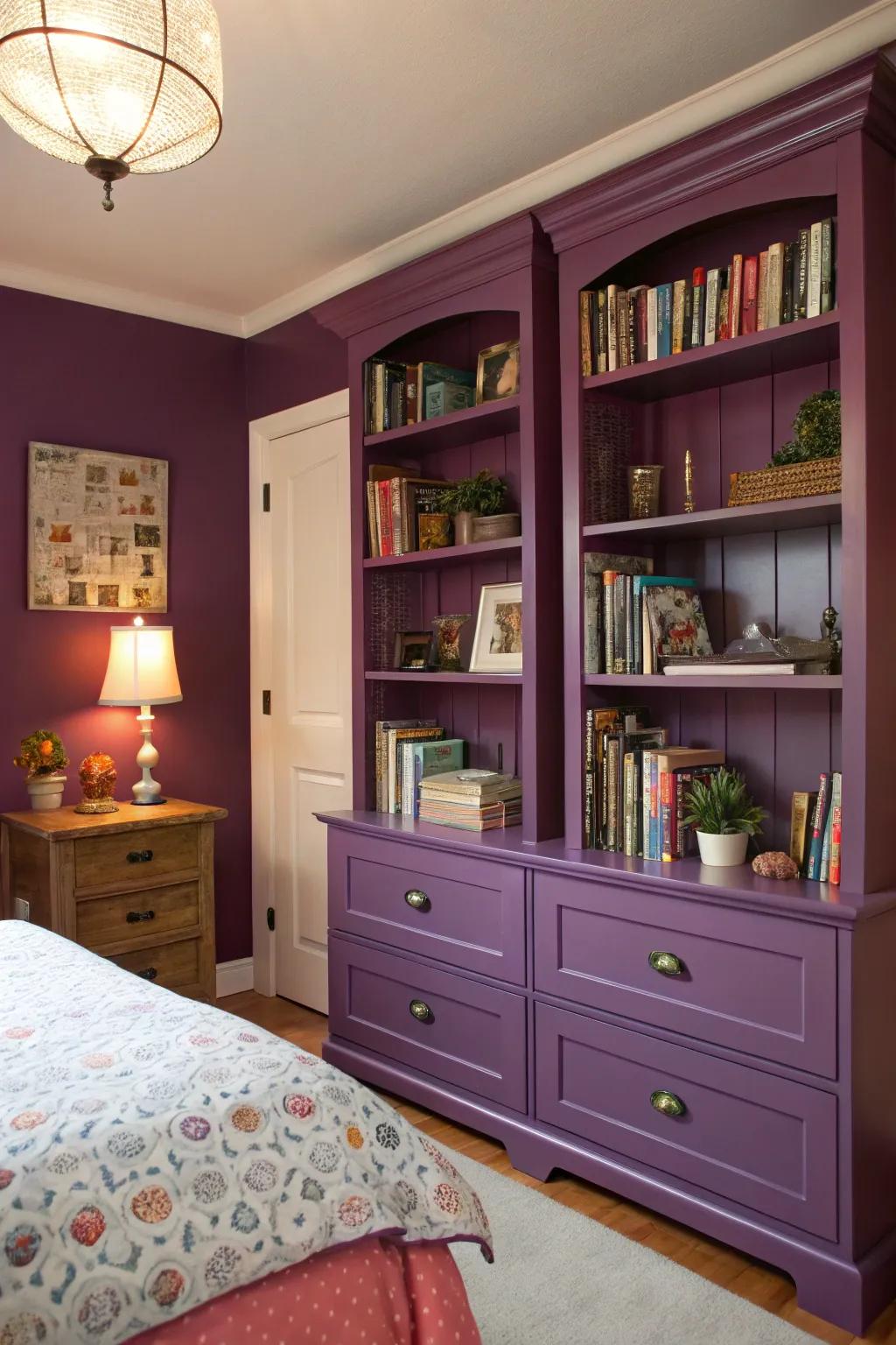 Append a burst of hue with violet bookshelves.