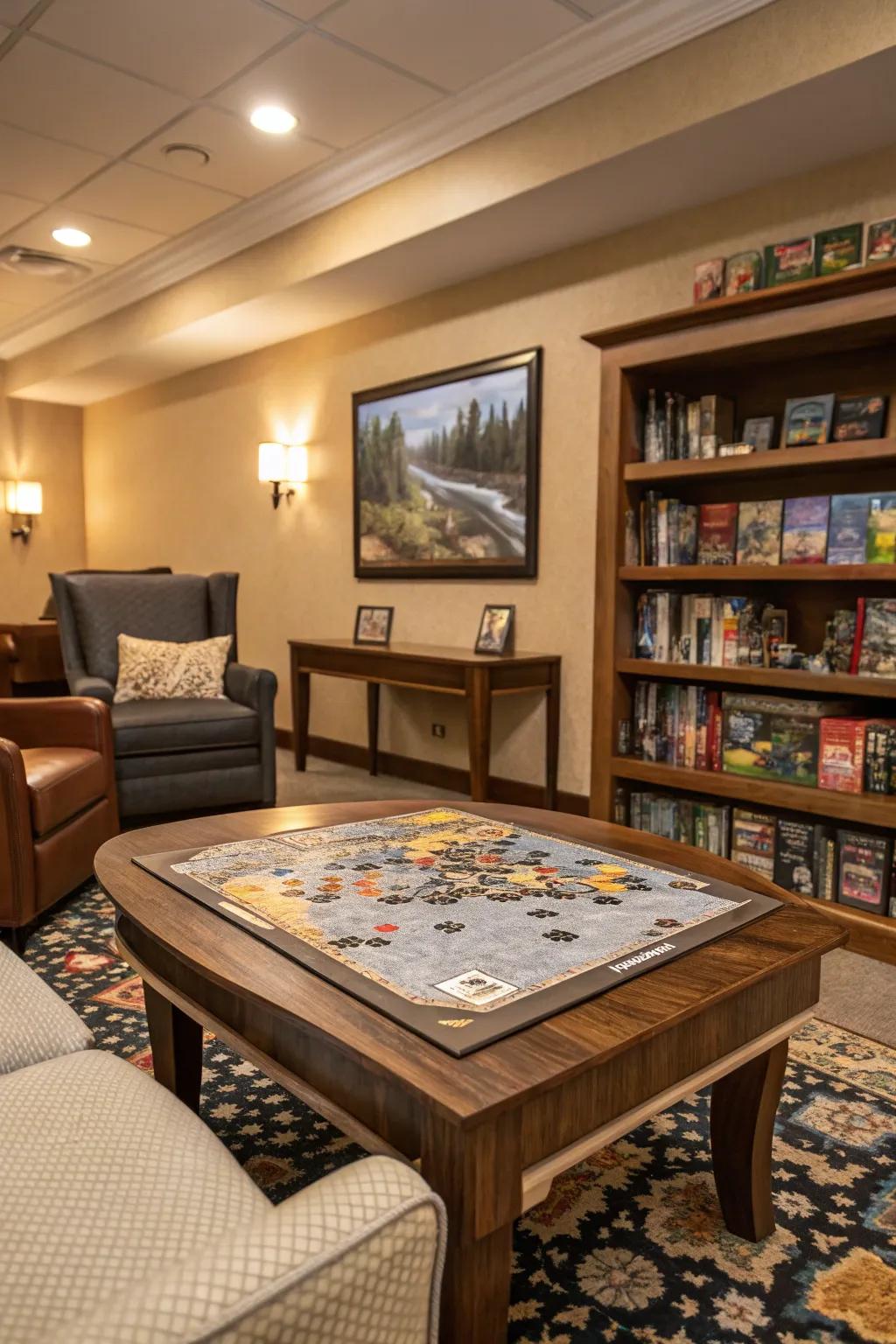 A puzzle table provides a soothing and intellectually stimulating activity within your game room.