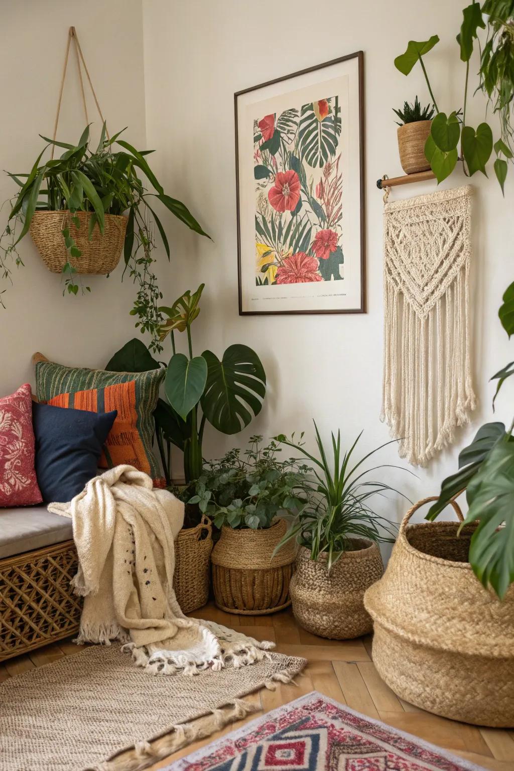 Art prints paired with natural elements for an organic display.