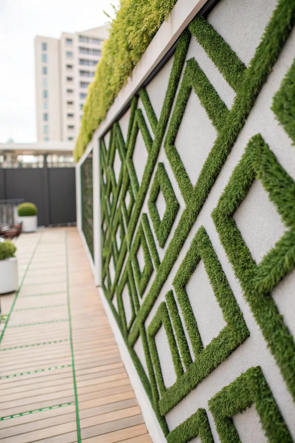 A wall showcasing a bold geometric design made from artificial verdant for a unique artistic element.