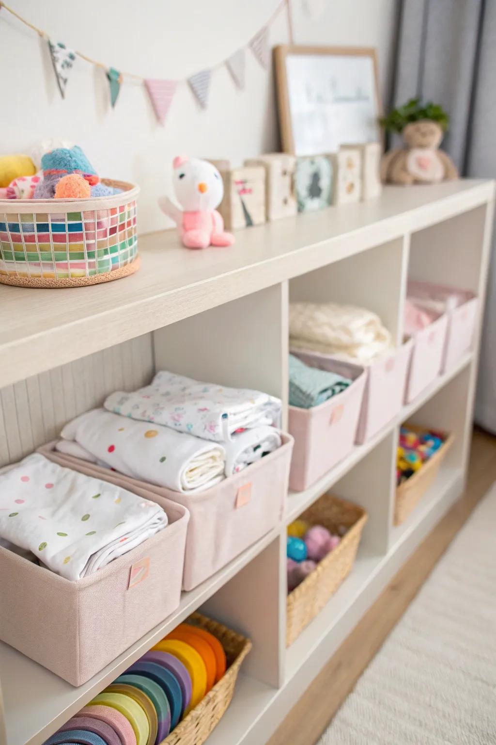 Textile bins proffer gentle and pragmatic storage for infant articles.
