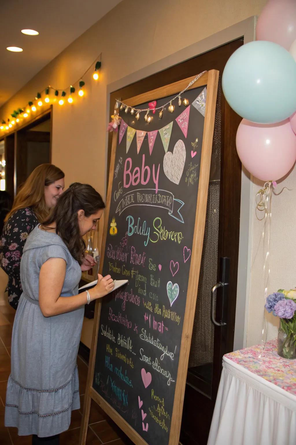An interactive chalkboard engages attendees with mirth and tailored missives.