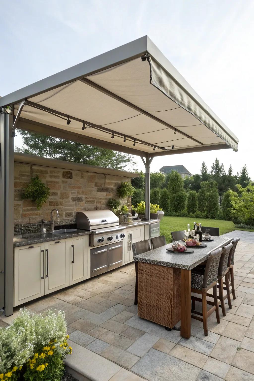 A convertible canopy delivers year-round comfort in your outdoor kitchen.