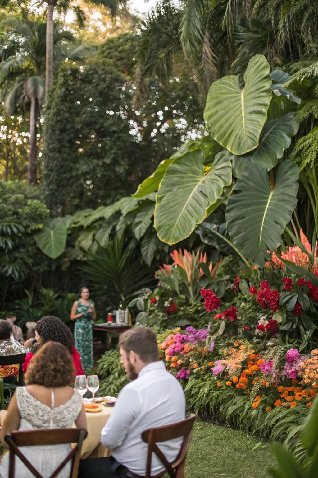 A tropical vegetation backdrop contributes an exotic touch to the garden celebration.