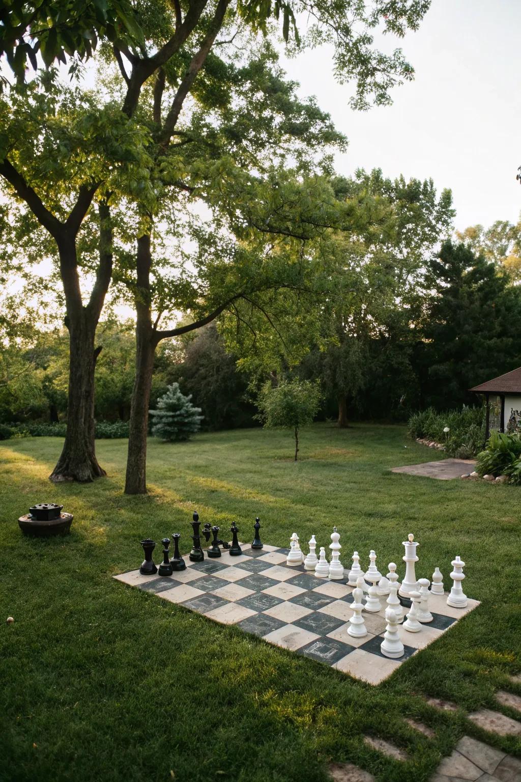 A backyard chess set provides amusement and a compelling visual element.