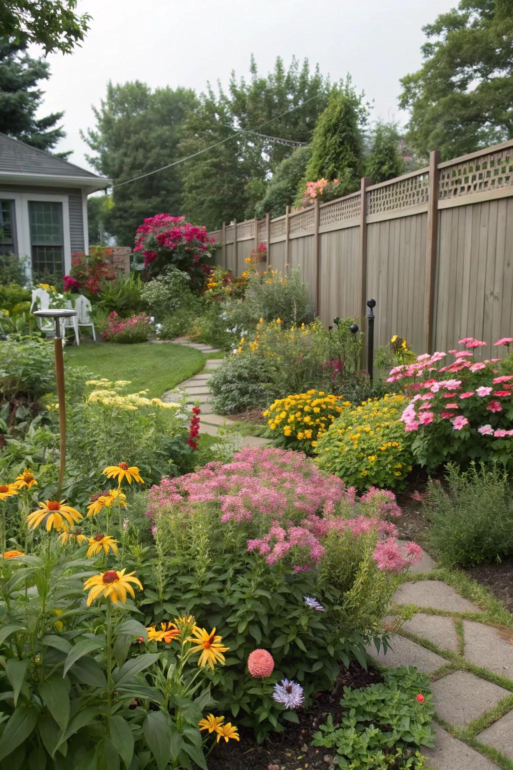 Combined perennials contribute seasonal interest alongside solitude.