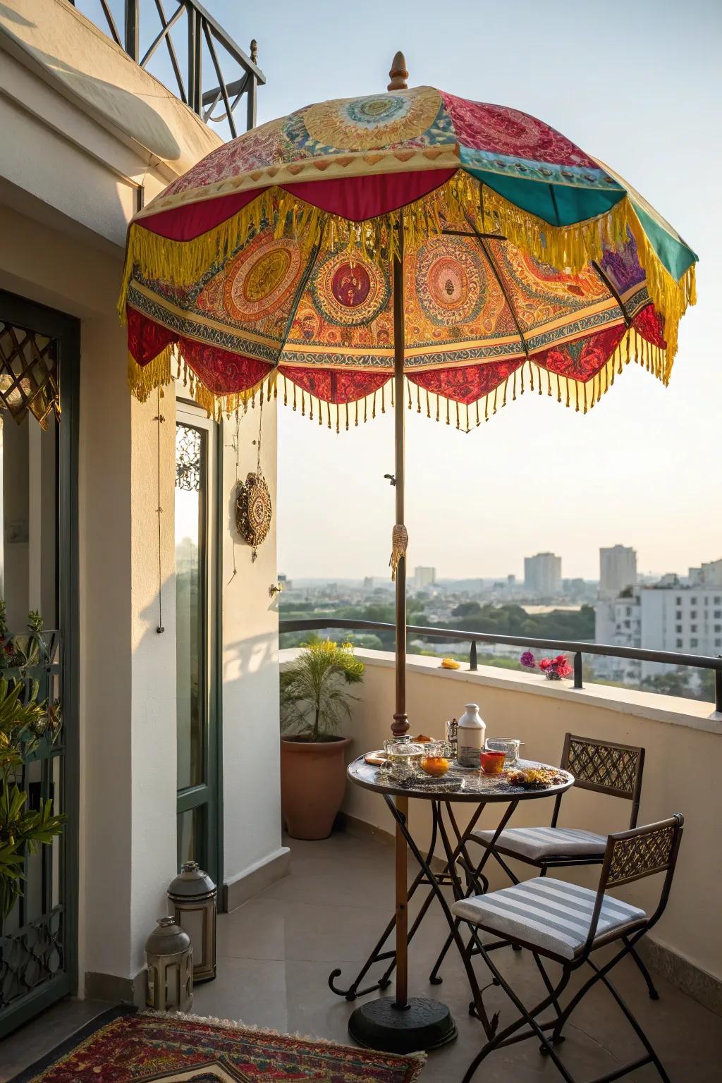 Eclectic umbrellas contribute color and shade to your outdoor space.