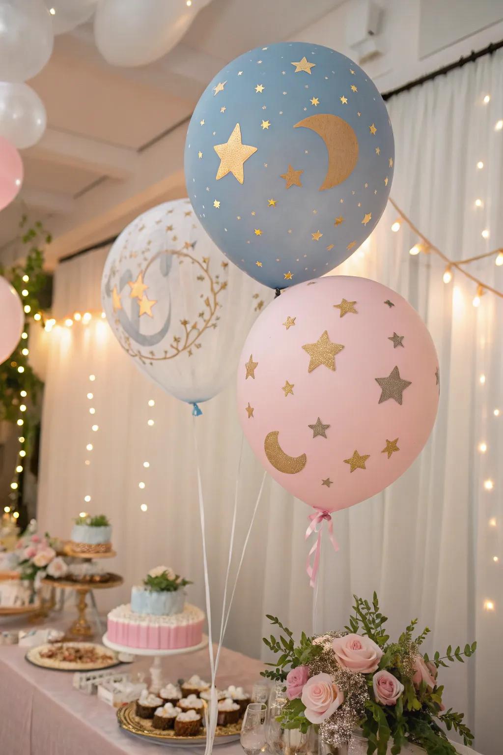 A celestial balloon theme adds a dreamy, otherworldly touch.