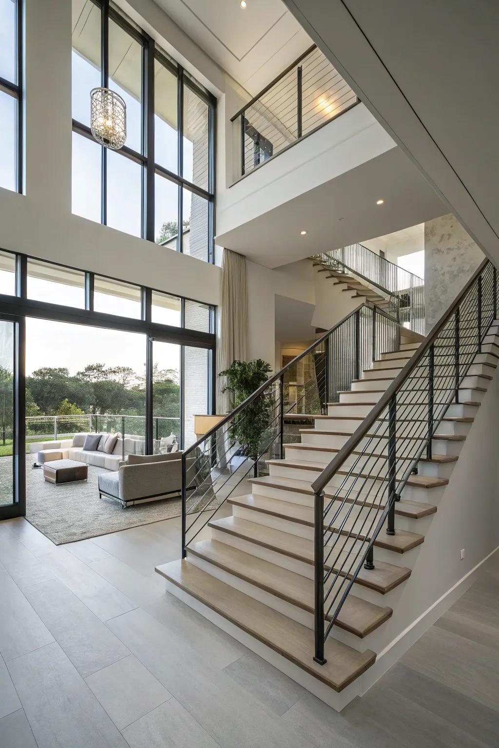 Modern sophistication with suspended stair rails.
