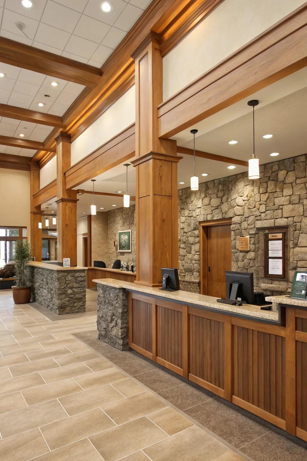 Natural accents bring warmth and texture to the bank's design.