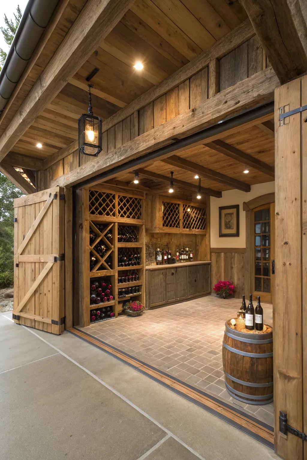 This barn garage features a wine cellar area that adds luxury and personal enjoyment.