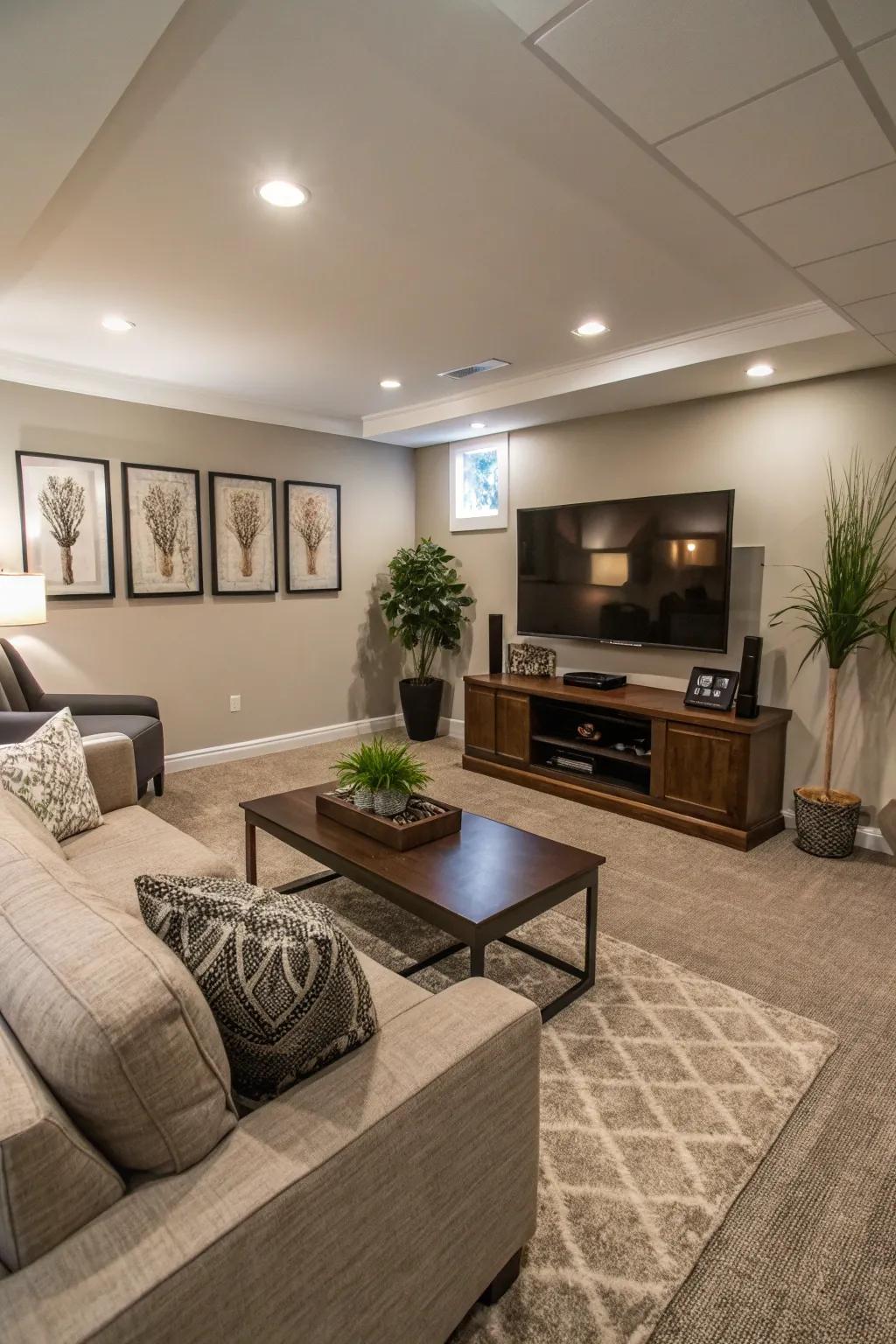 Superior flooring elevates the aesthetics and ease of this basement.