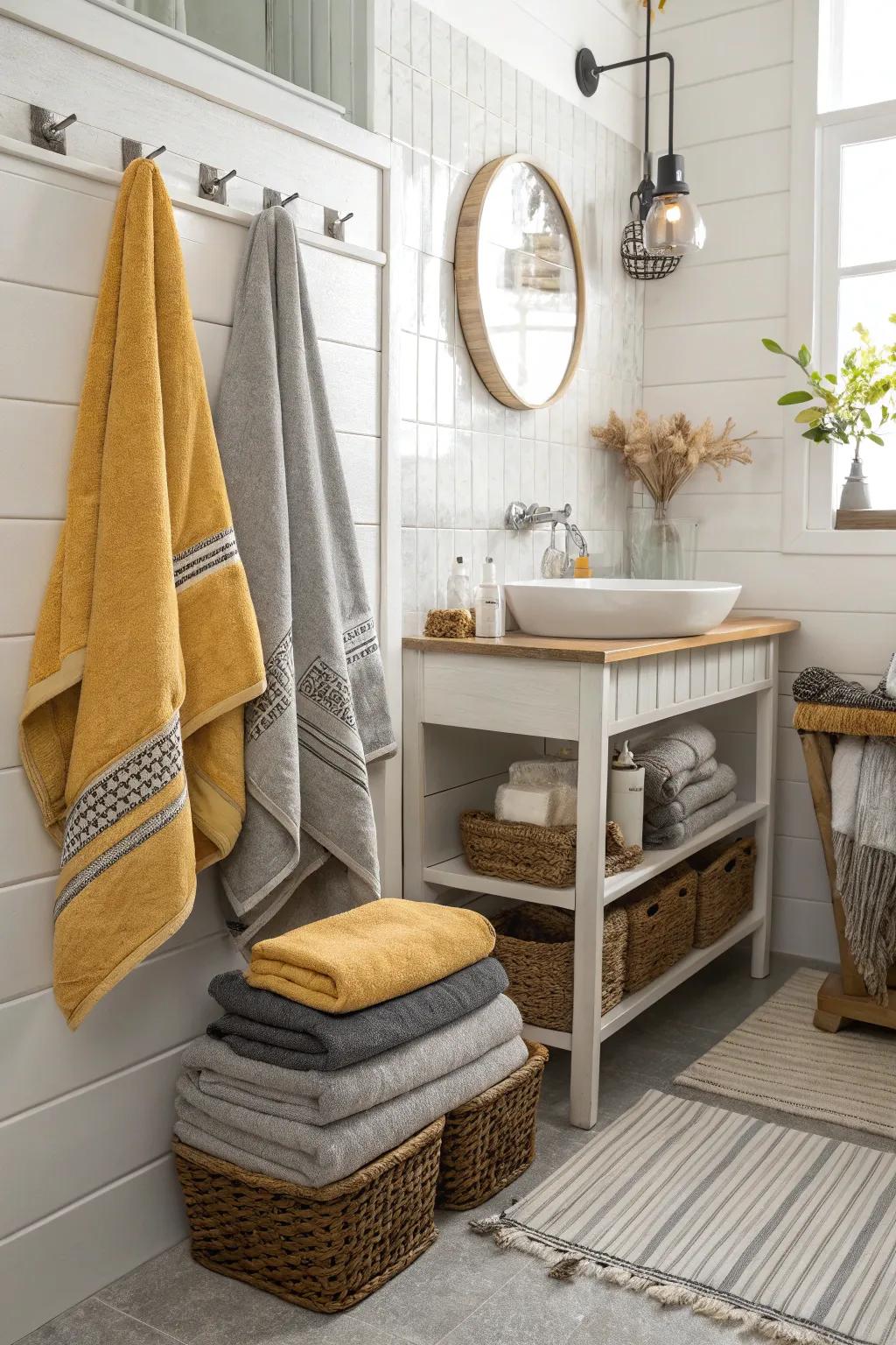 Mustard and argent weaves offer warmth and depth.