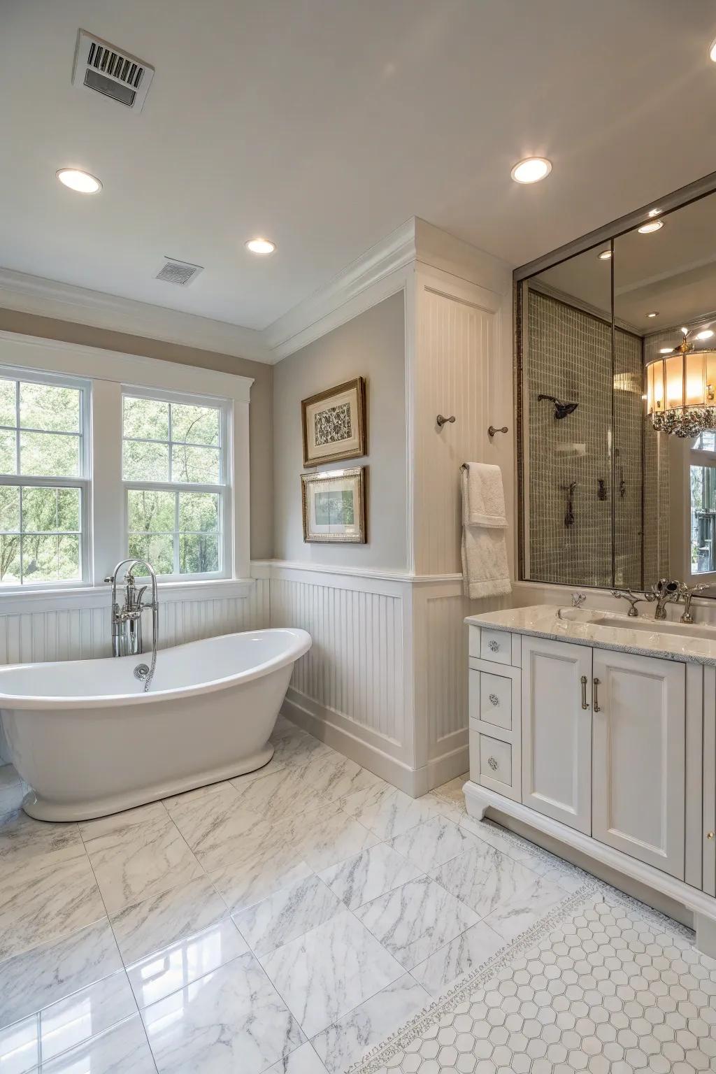 A lavish primary bath with elegant paneling fitting.