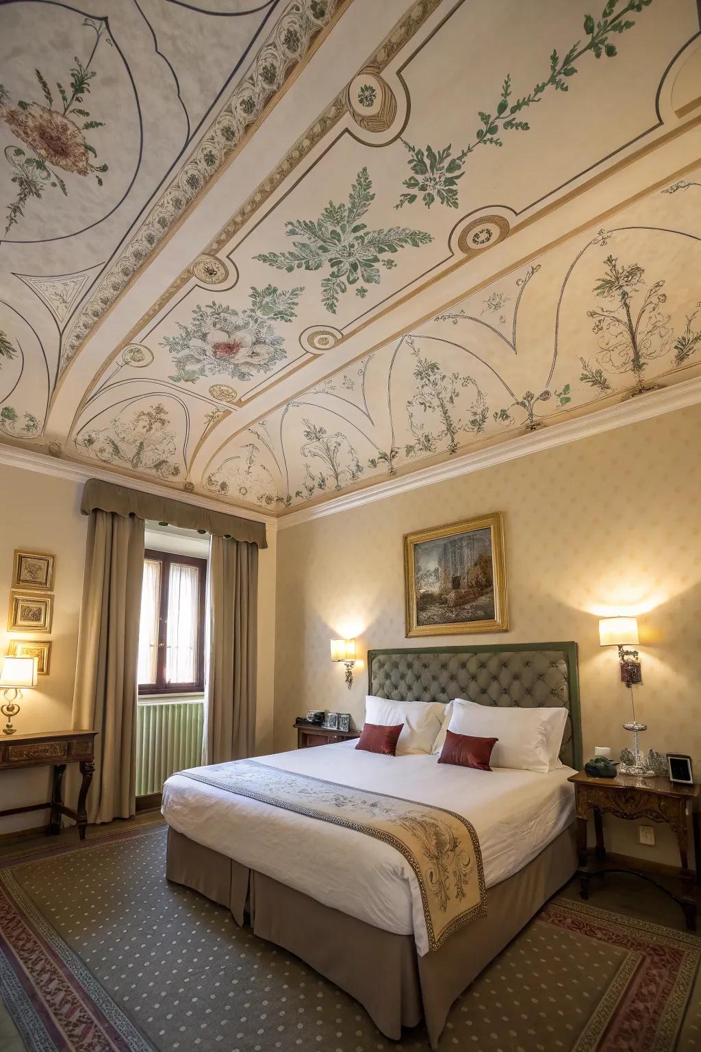 Overhead decor introduces a surprising twist to this fashionable bedroom.