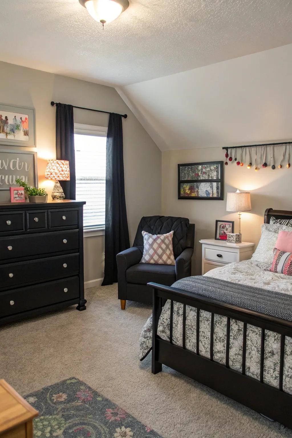 A comfortable enclave affords a personal retreat within a boudoir featuring audacious ebony furniture.