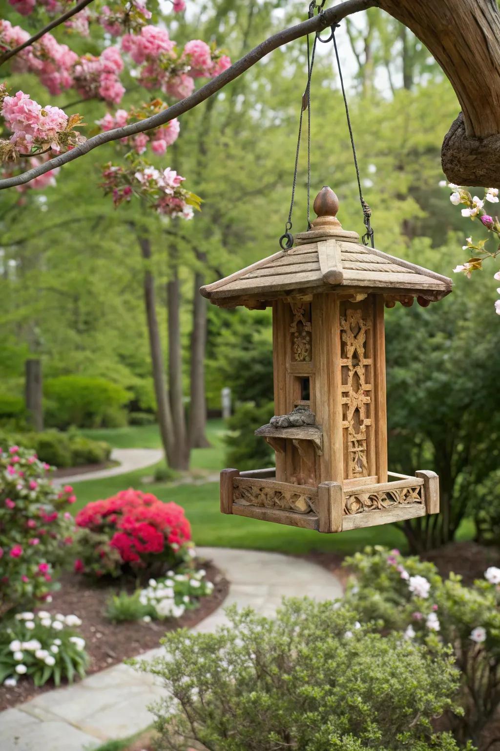 A hand-carved wooden feeder providing special artistry to any garden.