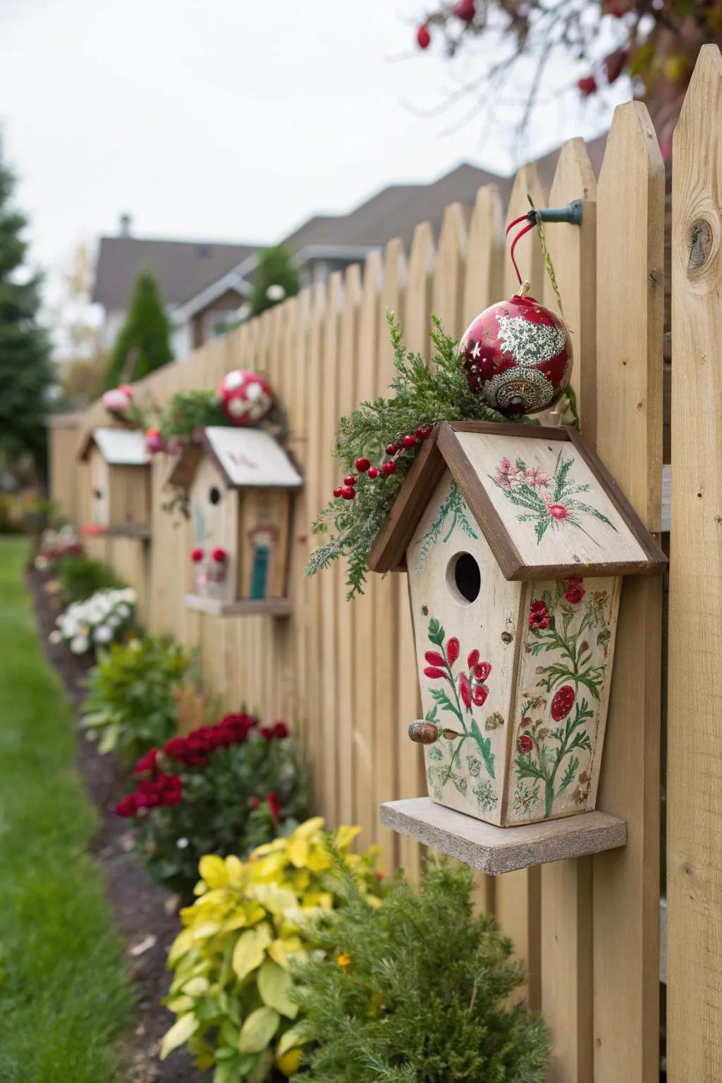Seasonal avian home motifs contribute festive allure to the garden fence.