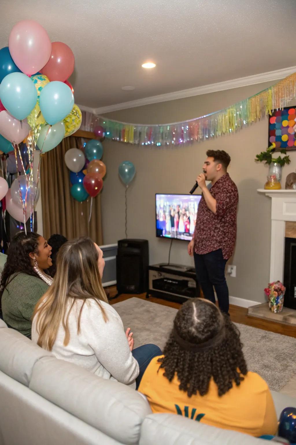 Party guests delight in a surprise performance during a birthday celebration.