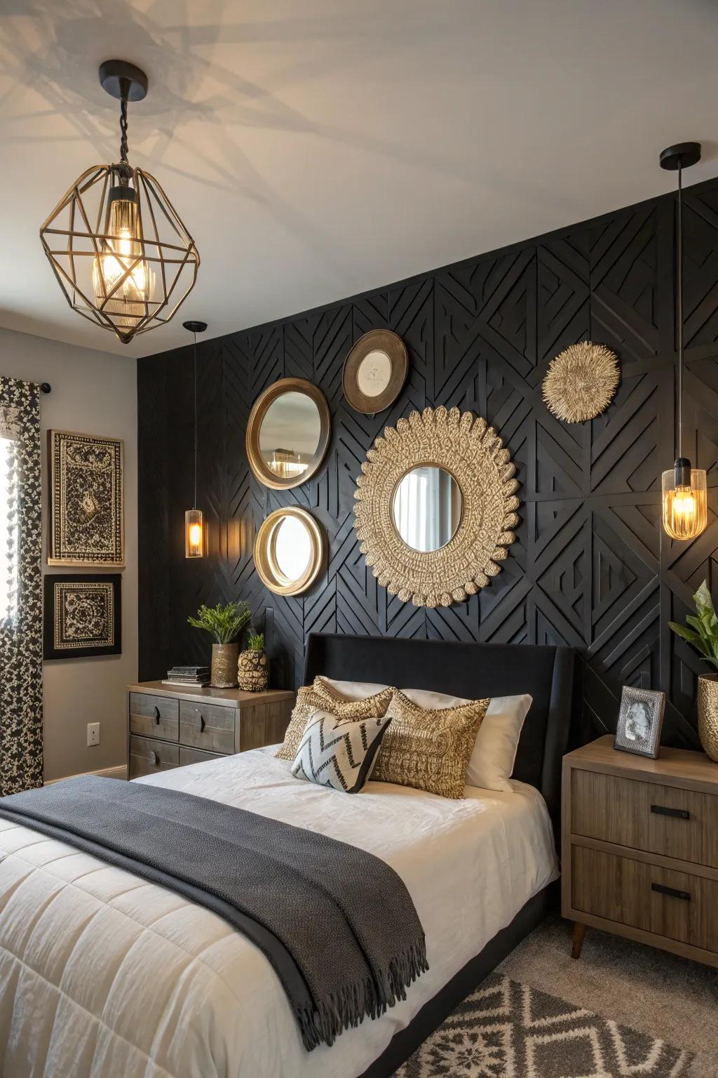 Stacked design components generate visual attraction across a black accent wall.