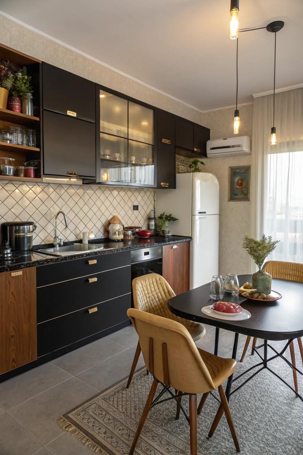 Mid century contemporary style with ebony countertops.